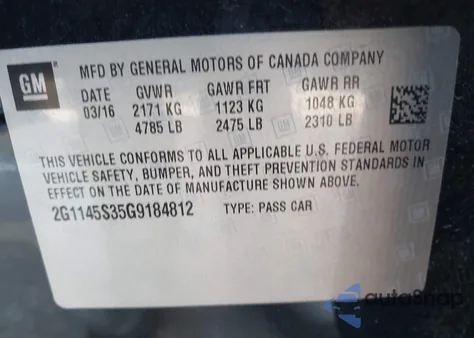 2016 Chevrolet Impala 2Lz из США, поврежденный, VIN 2G1145S35G9184812